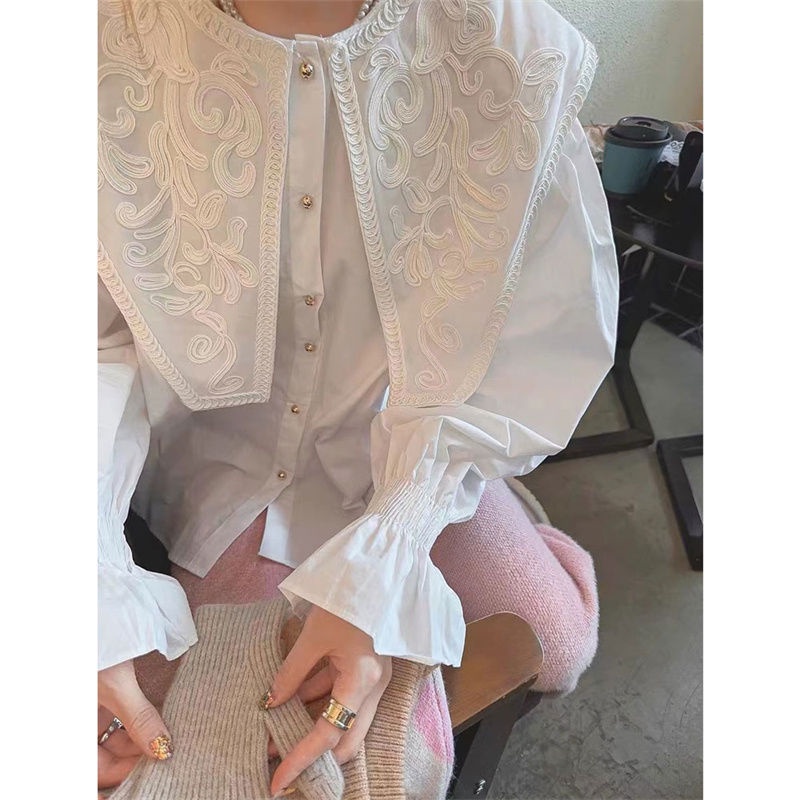 เสื้อเชิ้ตแขนยาว คอตุ๊กตา สีพื้น แฟชั่นฤดูใบไม้ร่วง สไตล์ฝรั่งเศส สําหรับผู้หญิง