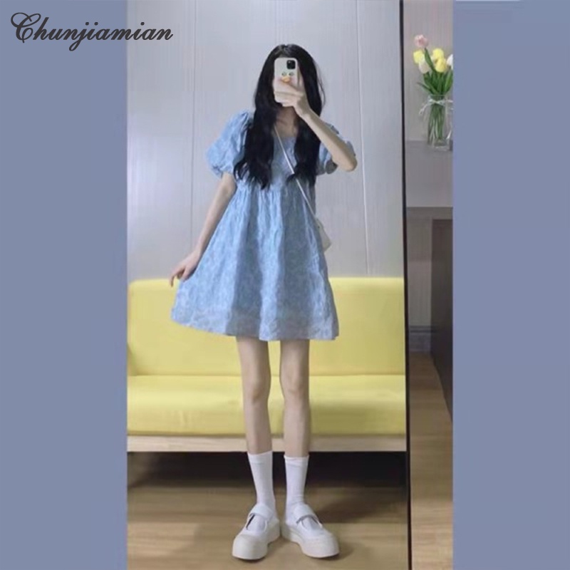 ชุดเดรสเจ้าหญิง คอสี่เหลี่ยม แบบเข้ารูป สีฟ้า แฟชั่นฤดูร้อน สไตล์เกาหลี