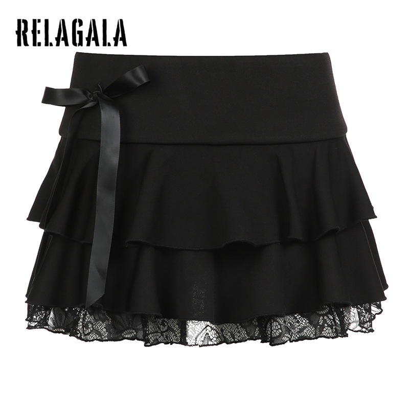 RelaGala ผู้หญิงใหม่แฟชั่นสบายๆสีทึบลูกไม้ Splicing Bow ต่ําเอวเซ็กซี่บัลเล่ต์กระโปรงเค้ก
