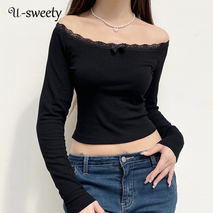 U-sweety เสื้อยืดแขนยาว คอวี แต่งลูกไม้ เซ็กซี่ สําหรับผู้หญิง 2024