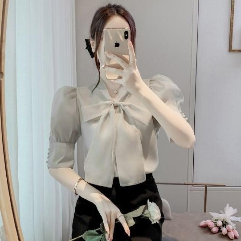 เสื้อเชิ้ตแขนสั้น ผ้าชีฟอง คอพัฟ ประดับโบว์ แฟชั่นฤดูร้อน สําหรับผู้หญิง 2023 202220231219
