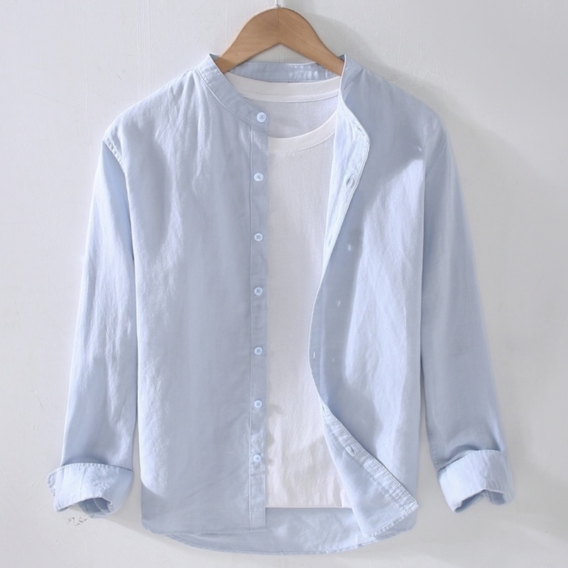 M - 4XL เสื้อคอจีนผู้ชาย เสื้อเชิ้ตผู้ชายแขนยาว ลําลอง ผ้าฝ้าย และผ้าลินิน ขนาดใหญ่ สีกากี ไซซ์ เสื้อเชิ้ตผู้ชาย