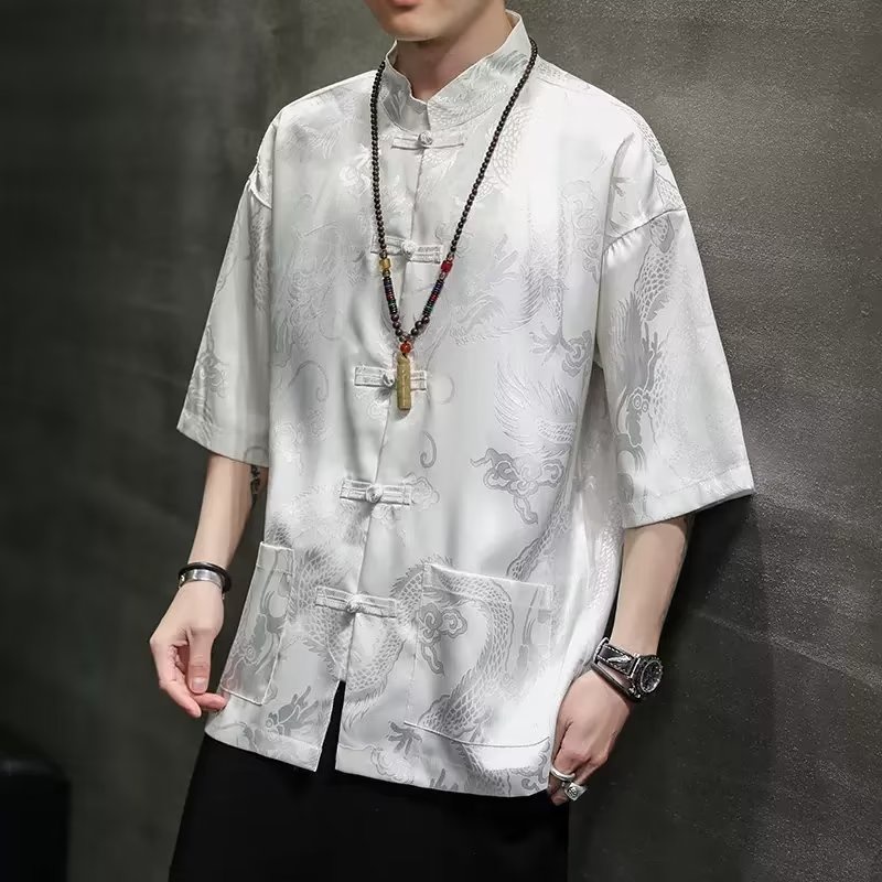 เสื้อเชิ้ตแขนสั้น พิมพ์ลายมังกร สไตล์จีน แฟชั่นฤดูร้อน สําหรับผู้ชาย