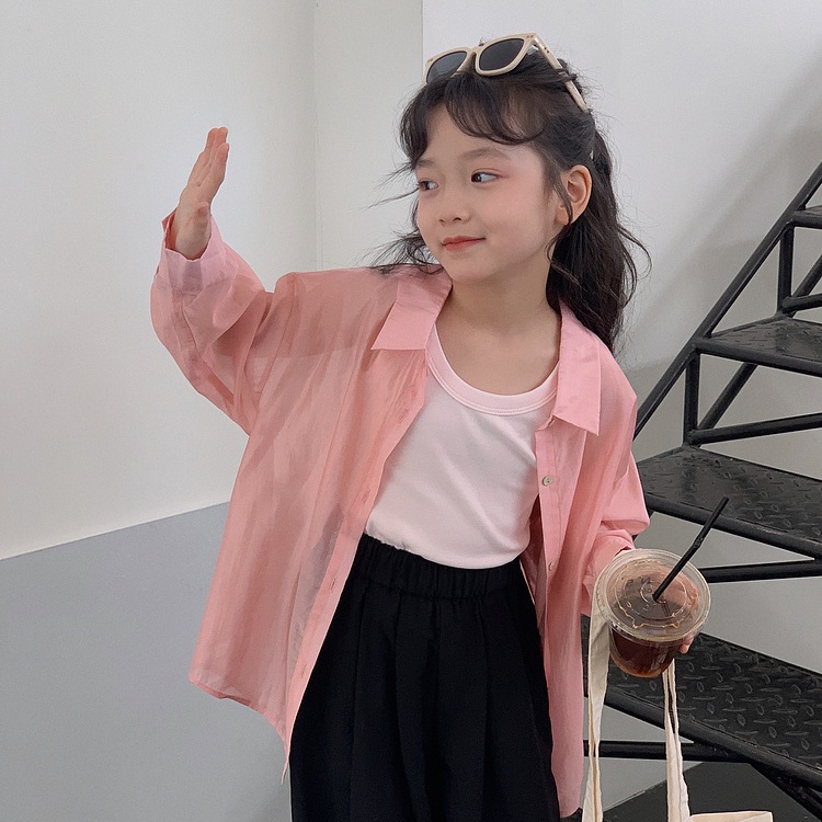 เสื้อเชิ้ตลําลอง ป้องกันแดด ระบายอากาศได้ดี สีพื้น สไตล์เกาหลี สําหรับเด็กผู้หญิง