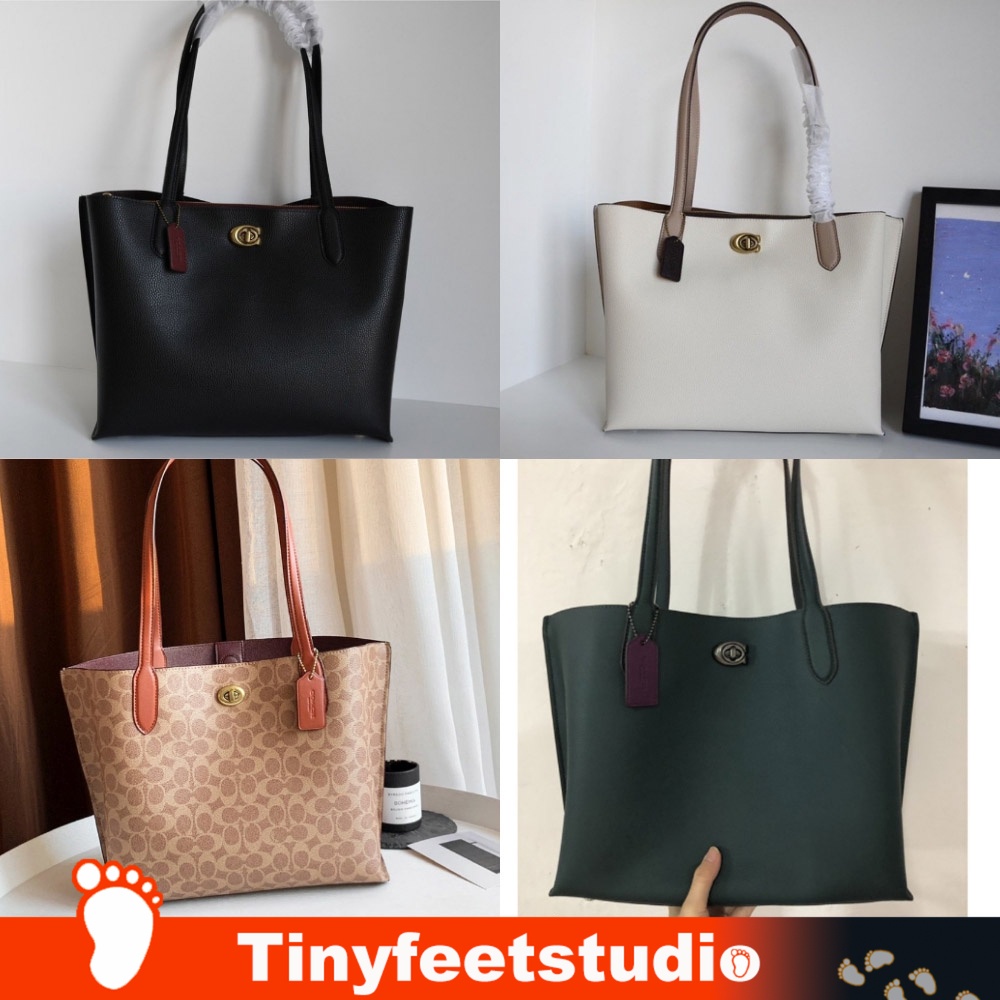 Willow Tote in Signature Canvas C0693 C0691 C0690 C0689 ผู้หญิง ลูกบิด หนังแท้ กระเป๋า coac h กระเป๋