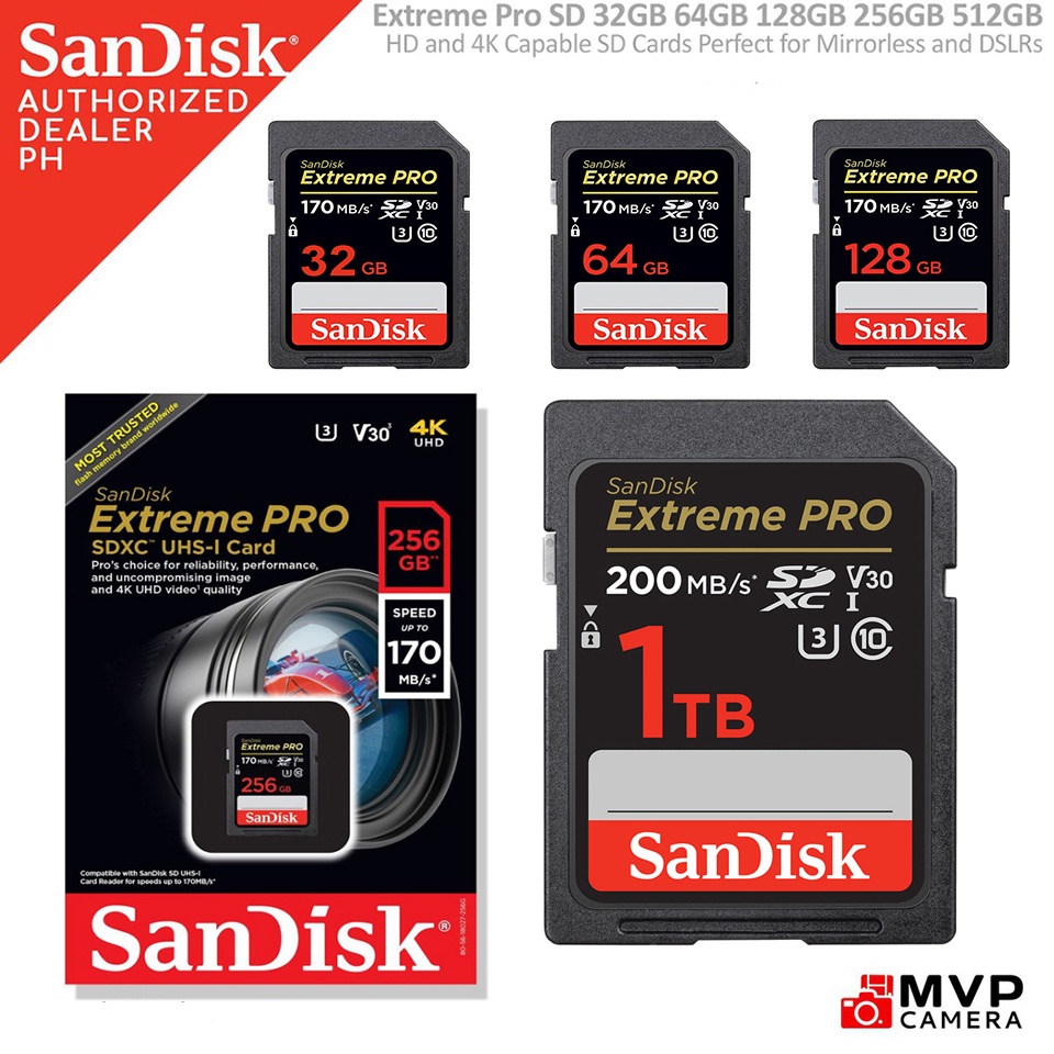 Sandisk การ์ดหน่วยความจํา Extreme PRO 1TB 512GB 256GB 128GB การ์ด SD Class10 U3 V30 UHS-I 64G SDXC แฟลชการ์ด UHD สําหรับกล้อง 3D Full HD 1080p