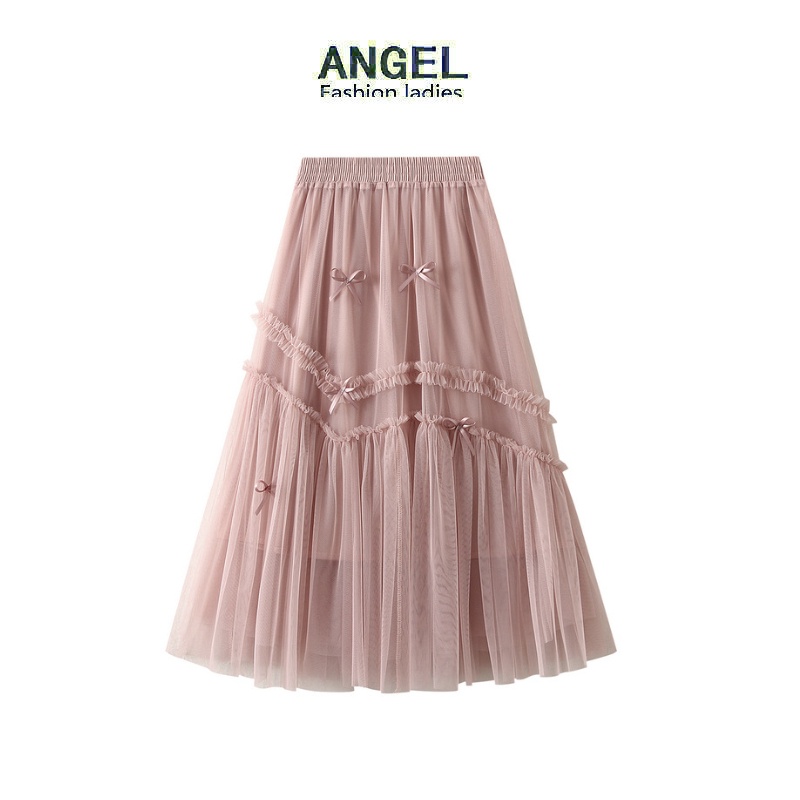 [4 สี] ANGEL แฟชั่นผู้หญิง กระโปรงมิดี้ สีพื้น กระโปรงโบว์ เอวสูง ทรงเอ บาง ขนาดใหญ่ กระโปรงทูตูทูตู สําหรับผู้หญิง