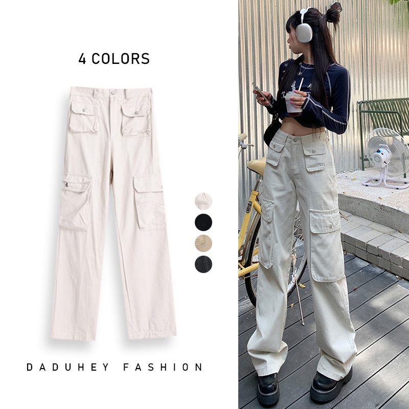 Plus Size Women's Cargo Jeans Pants Plump Girls American Overalls High Waist New Slim Casual Retro Straight Wide Leg Pants