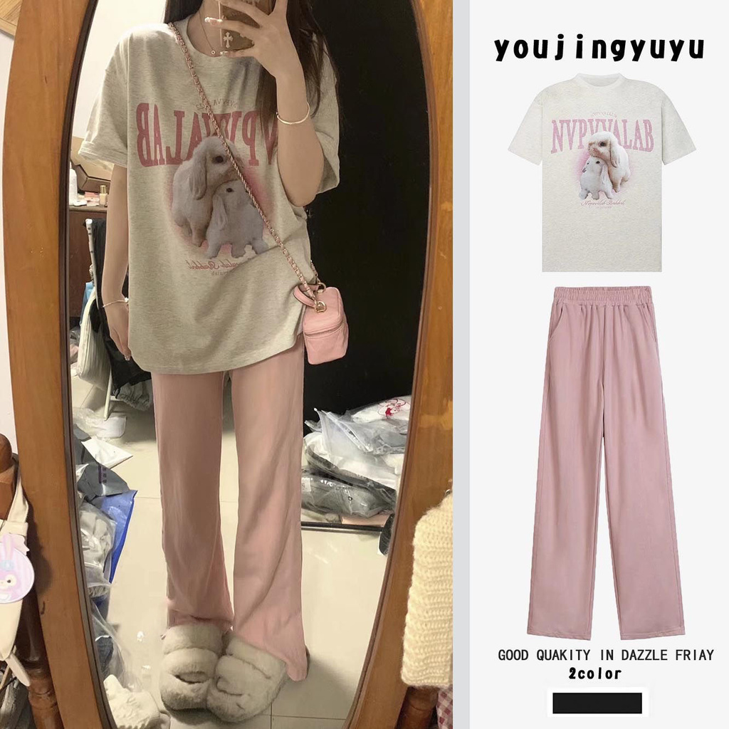 ชุดเสื้อยืดแขนสั้น ทรงหลวม และกางเกงลําลอง แนวตรง สองชิ้น แฟชั่นฤดูร้อน สไตล์เกาหลี สําหรับผู้หญิง 2024