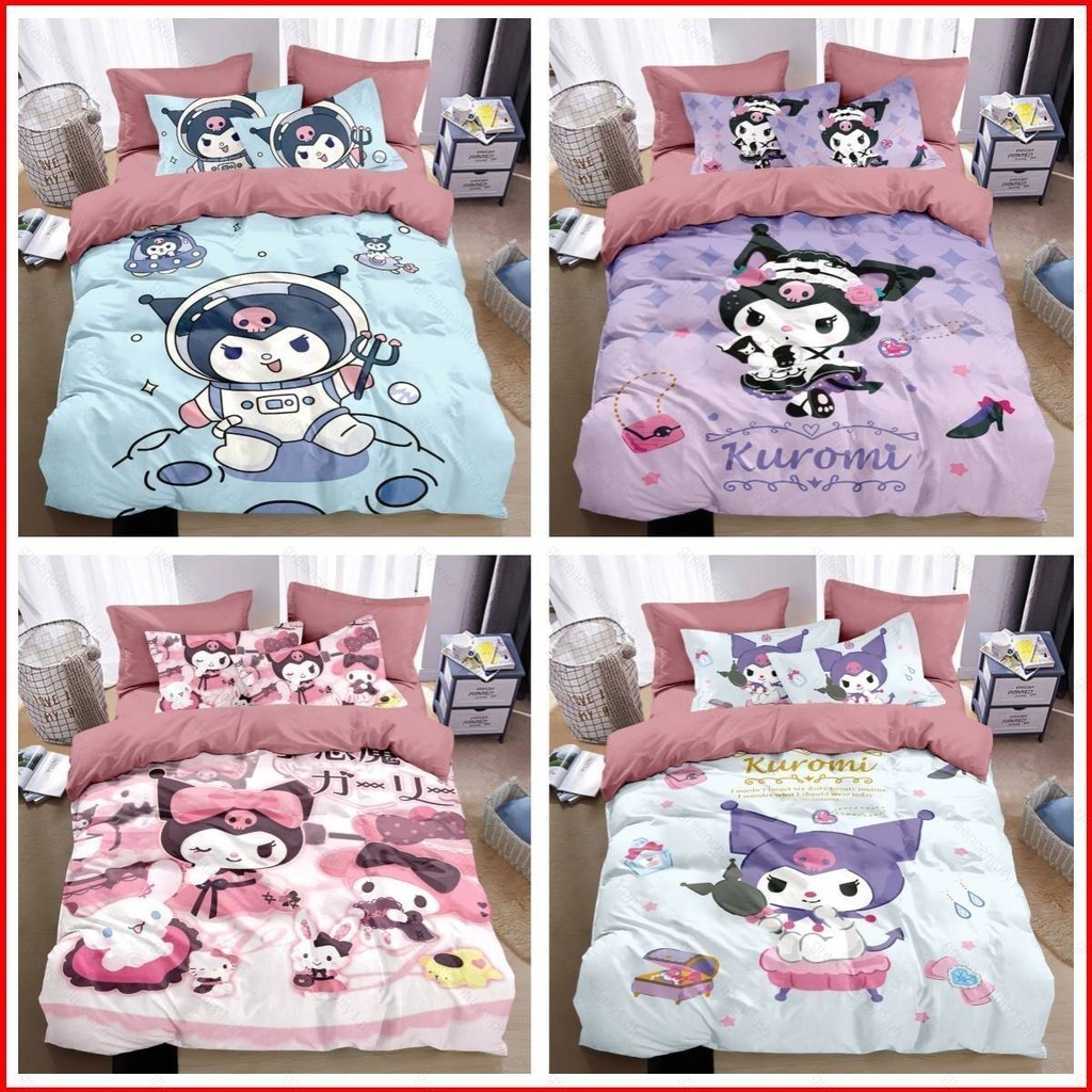 Ys Sanrio Kuromi 3in1 ชุดเครื่องนอน ผ้าปูที่นอน ผ้าห่ม ผ้านวม บ้าน ห้องนอน ล้างทําความสะอาดได้ สะดวกสบาย ของขวัญสําหรับเด็ก