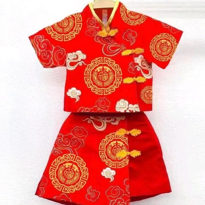 ชุดเซ็ทเด็ก ตรุษจีน ลายมังกร เสื้อคอจีน+กางเกงกระโปรง 1953
