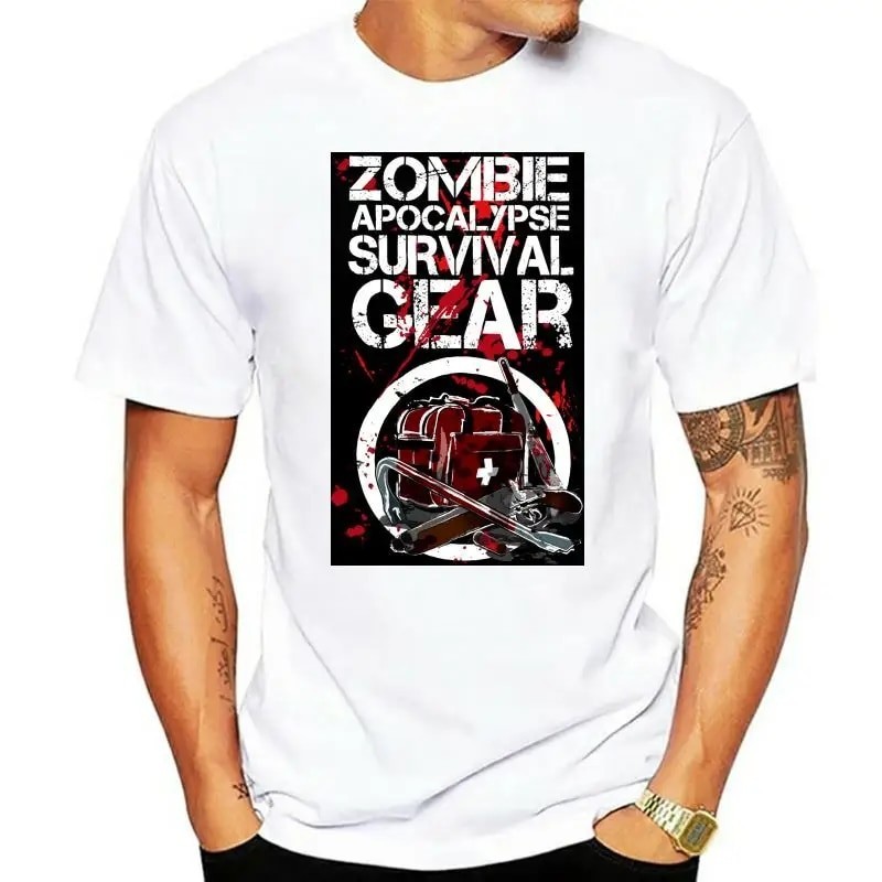 Zombie Apocalypse Survival Gear Dawn of The Dead Walking Evil Mens เสื้อยืดผู้ใหญ่ผ้าฝ้าย 100% ที่กํ