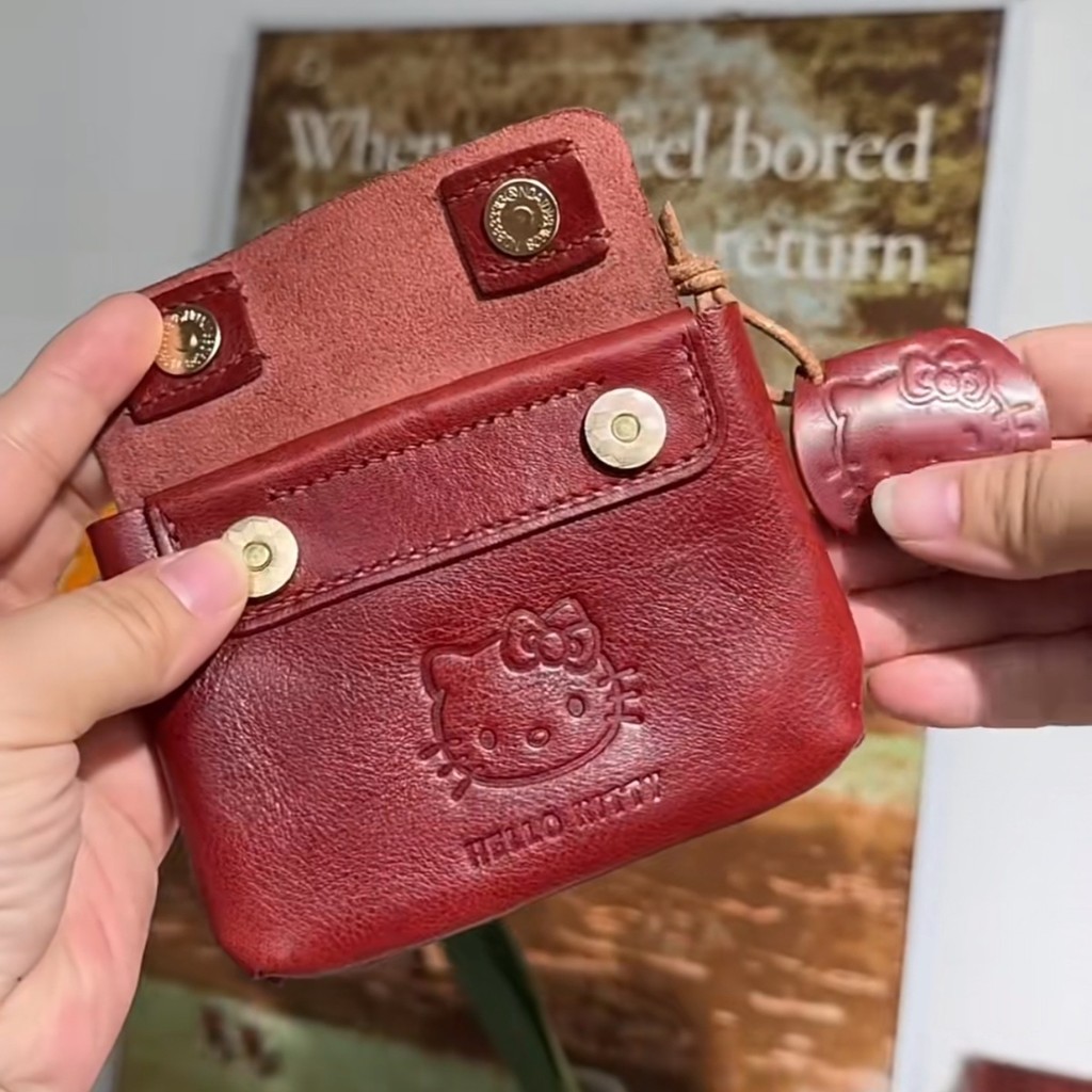 กระเป๋าใส่เหรียญหนังสีแดงทำมือ JH ในสต็อก กระเป๋าใส่หูฟังและบัตรประจำตัวขนาดเล็กน่ารัก