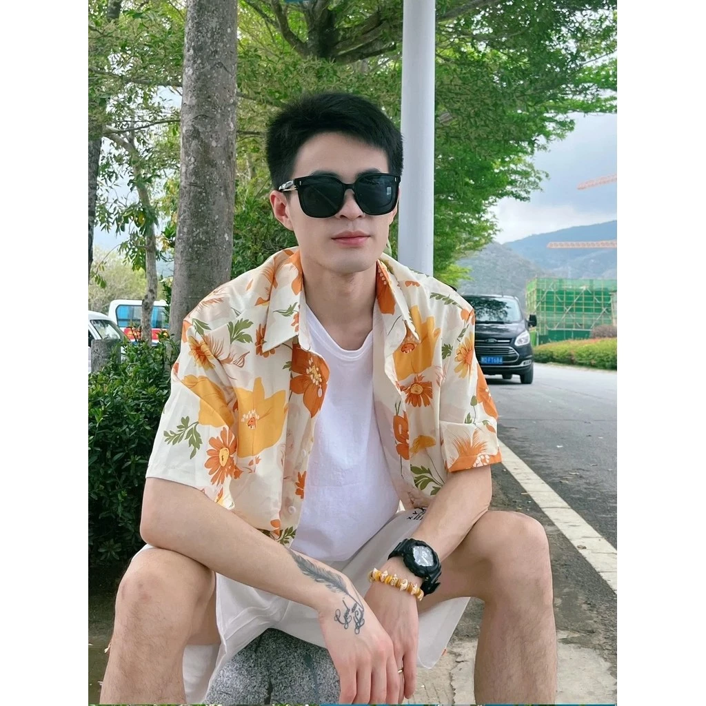 เสื้อฮาวายผู้ชาย ลายดอกสีส้ม ผ้าไหมอิตาลี แขนสั้น #3009 thumbnail 7