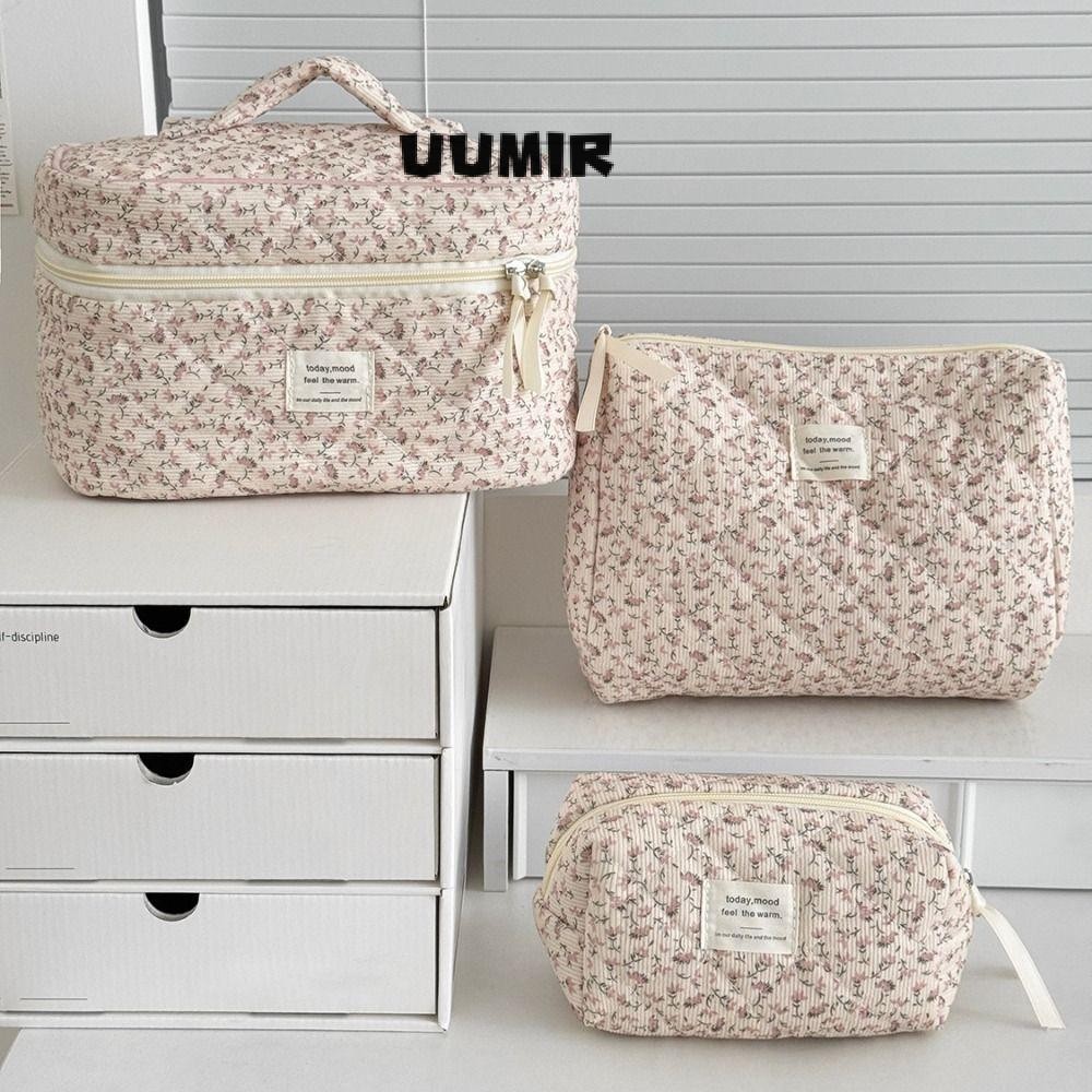 Uumir Aesthetic Cosmetic Organizer, Corduroy Large Capacity Floral Makeup Pouch, Sweet Zipper Skincare Clutch Cosmetics