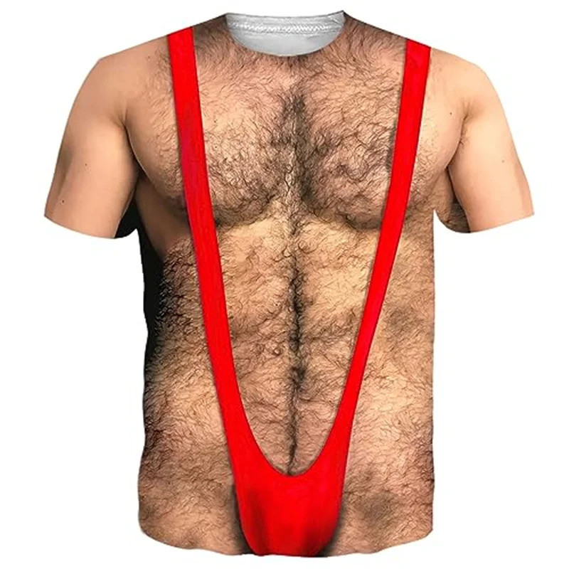 ตลก 3D ปลอม Abs T เสื้อสําหรับชาย Hairy กล้ามเนื้อหน้าอกกราฟิกแขนสั้นคอสเพลย์เครื่องแต่งกายแปลกเซ็กซี่ขนาดใหญ่ Tee เสื้อ