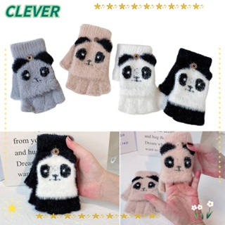 Clever ถุงมือถักนิตติ้ง หน้าจอสัมผัส แบบหนา ลายการ์ตูนแพนด้าน่ารัก ครึ่งนิ้ว ให้ความอบอุ่น แฟชั่นฤดูหนาว สําหรับเด็กผู้หญิง นักเรียน