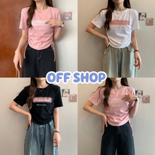 OFF SHOP พร้อมส่ง (OFF-52201) เสื้อไหมพรมคอกลม แขนสั้น สกีนตัวอักษรรูดข้าง  -C