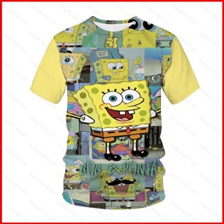 เสื้อยืดแขนสั้นลําลอง คอกลม พิมพ์ลายอนิเมะ SpongeBob SquarePants 3 มิติ ทรงหลวม ขนาดใหญ่ แฟชั่นสําหรับสตรี