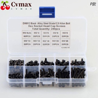 Cvmax สกรู M3 12.9 เหล็กอัลลอย เกรด 4-25 มม. 240 ชิ้น พร้อมกล่องจัดเก็บ สีดํา 9 ขนาด DIY