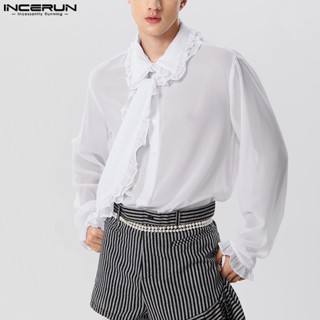 Incerun เสื้อเชิ้ตแขนยาว ผ้าชีฟอง แบบบาง แต่งลูกไม้ สีโปร่งใส สไตล์วินเทจ สําหรับผู้ชาย