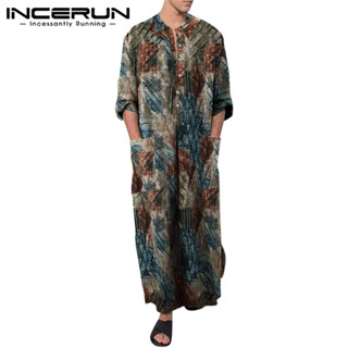 Incerun เสื้อคลุมยาว พิมพ์ลายหินอ่อน สไตล์มุสลิม สําหรับผู้ชาย