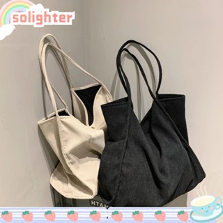 Solighter กระเป๋าช้อปปิ้ง ผ้าแคนวาส ผ้าลูกฟูก ขนาดใหญ่ สีพื้น สไตล์เรโทร สําหรับผู้หญิง