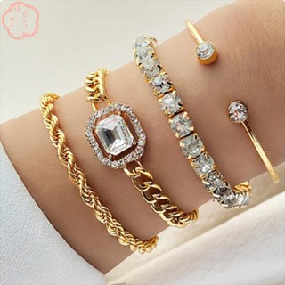 Mioshop สร้อยข้อมือโซ่โลหะ ประดับเพชรคริสตัล หรูหรา ปรับได้ สําหรับผู้หญิง 4 ชิ้น