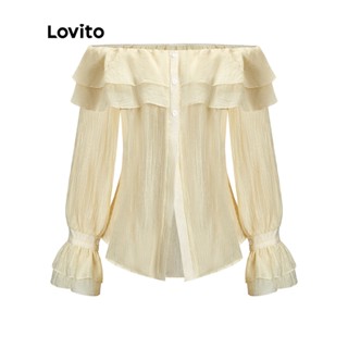 Lovito เสื้อเบลาส์แขนยาว แต่งกระดุม สีพื้น ลำลอง สำหรับผู้หญิง L52AD038 (สีแอปริคอท)