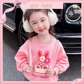 🍓GNR BABY🫐เสื้อกันหนาวแขนยาว คอกลม พิมพ์ลายการ์ตูนดอกไม้ สีชมพู สําหรับเด็กผู้หญิง อายุ 3-12 ปี