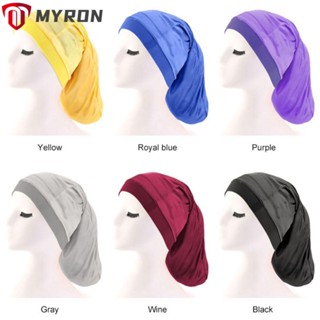 Myron หมวกนอนกลางคืน สีพื้น ยืดหยุ่น ขอบกว้าง ดูแลเส้นผม ผ้าไหม ผ้าโพกศีรษะ