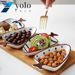 Yolo จานเซรามิค รูปใบไม้ ขนาดเล็ก พร้อมถาดไม้ไผ่ สําหรับใส่ซอส เครื่องปรุง ขนมหวาน 4 ชิ้น