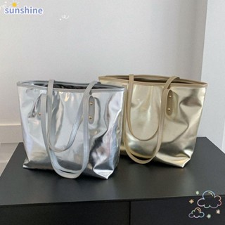 Ssunshine กระเป๋าสะพายไหล่ หนัง PU ขนาดใหญ่ จุของได้เยอะ หูหิ้ว สีเงิน สําหรับเดินทาง