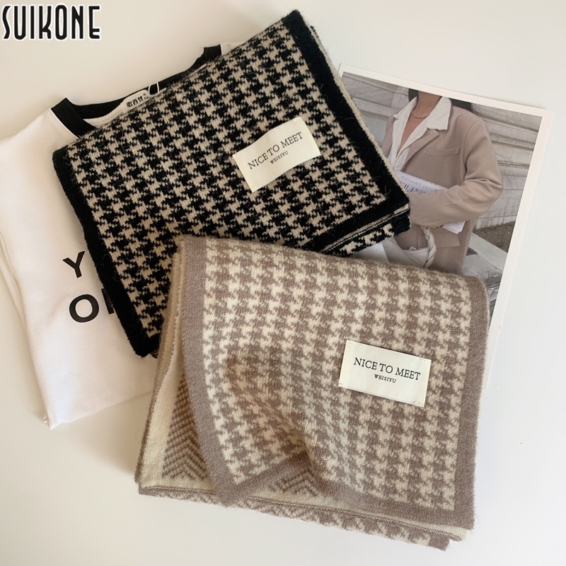Suikone แฟชั่นใหม่ ฤดูใบไม้ร่วงและฤดูหนาว สไตล์เกาหลี ฟันสุนัข หนา ลายก้างปลา ผ้าพันคอ อบอุ่น ใส่ได้ทั้งชายและหญิง