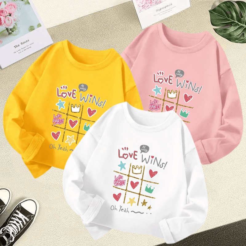 เสื้อยืดลําลอง แขนยาว คอกลม พิมพ์ลายการ์ตูนตารางน่ารัก สําหรับเด็กผู้หญิง อายุ 3-12 ปี
