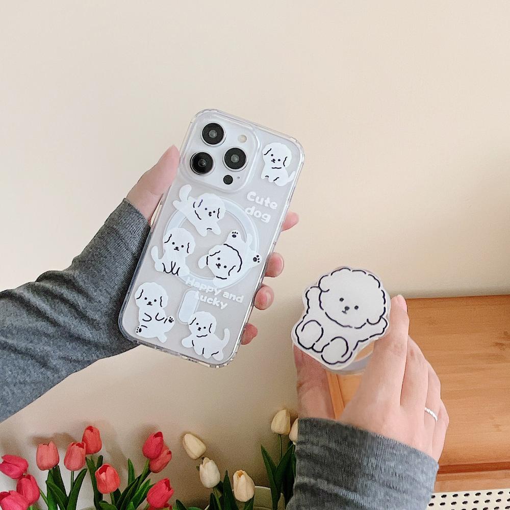 เคสโทรศัพท์มือถือ Tpu นิ่ม แบบใส ลายลูกสุนัขสีขาว พร้อมขาตั้งแม่เหล็ก สําหรับ iPhone 15 13 12 11 Pro Max 14 Plus