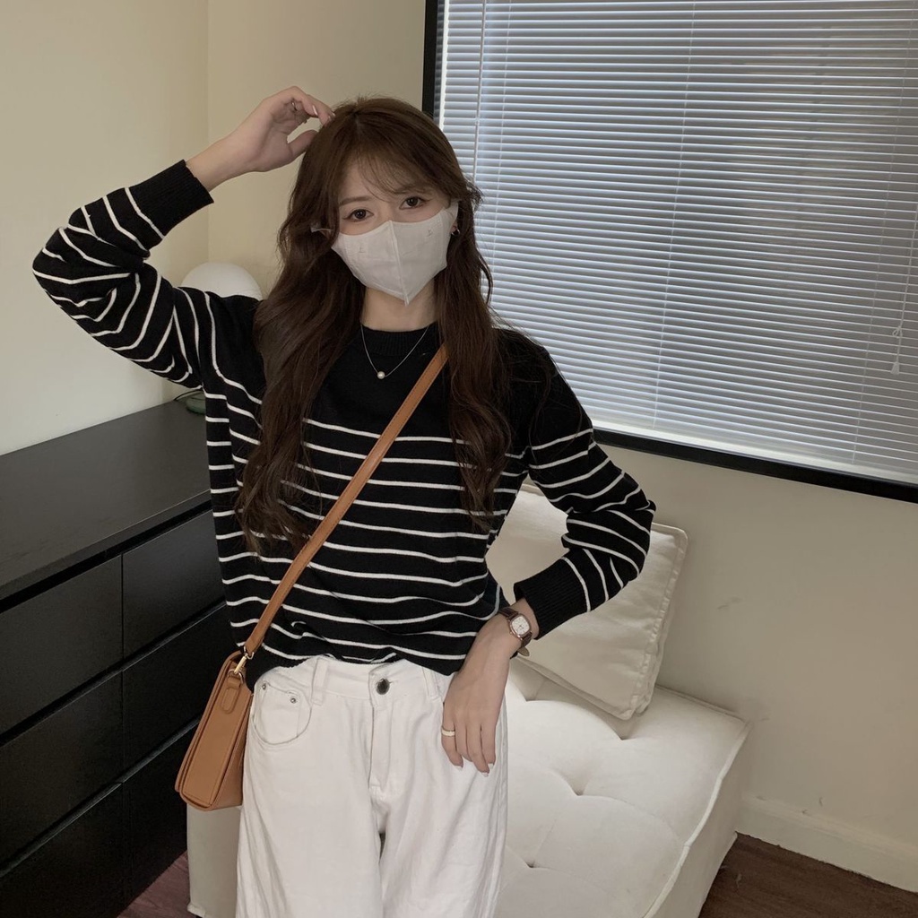 Bh เสื้อกันหนาวแขนยาว ผ้าถัก ลายทาง ทรงหลวม แฟชั่นฤดูใบไม้ร่วง ฤดูหนาว สําหรับผู้หญิง
