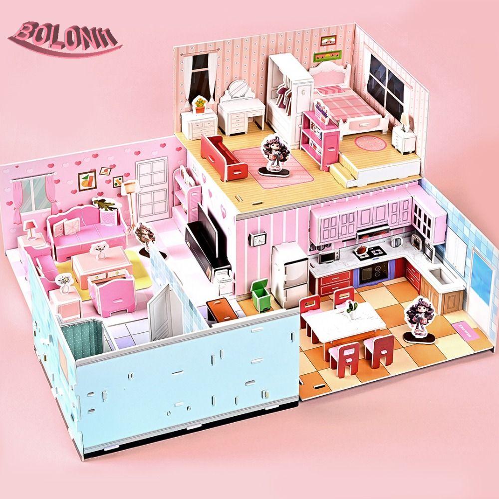 Bo จิ๊กซอว์กระดาษแข็ง ลายการ์ตูน 3D DIY สําหรับตกแต่งบ้านตุ๊กตา ห้องครัว ห้องนั่งเล่น ห้องน้ํา