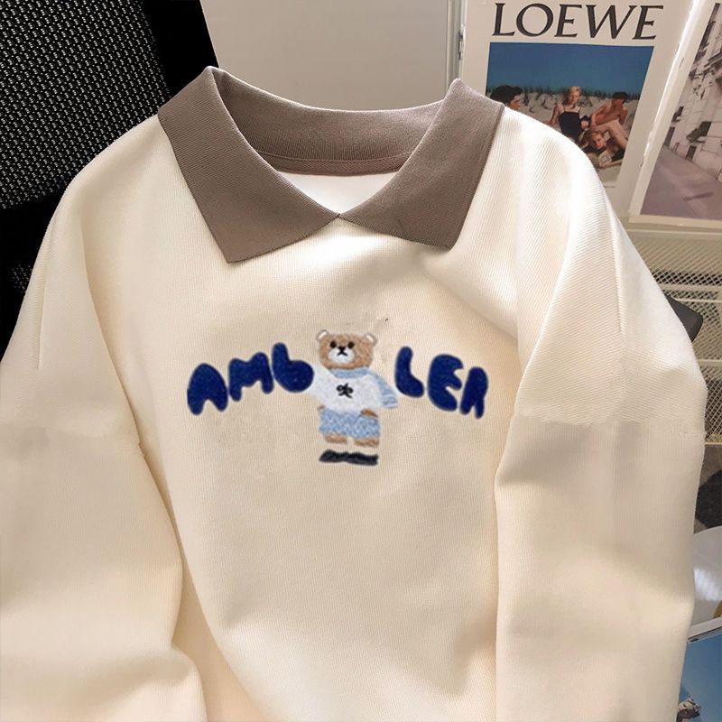 เสื้อโปโล แขนยาว ปักลายหมีน่ารัก