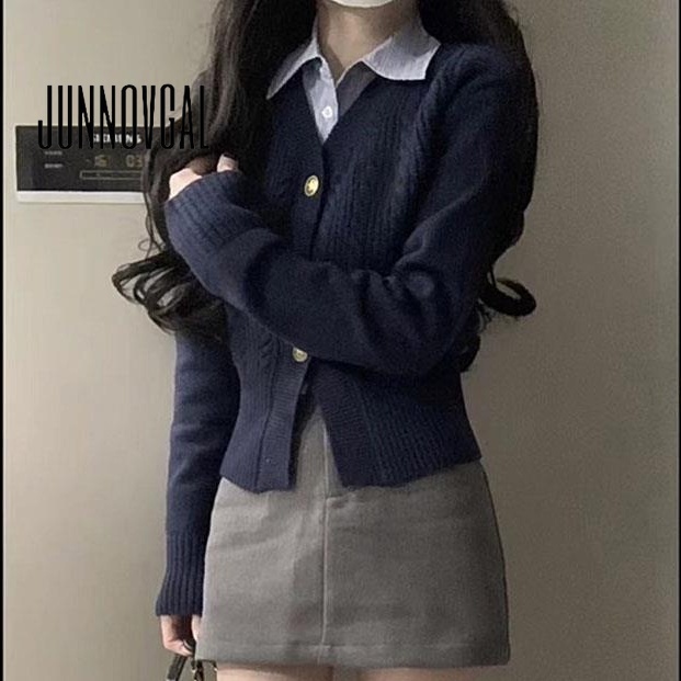 Junnovgal ใหม่ เสื้อกันหนาวลําลอง แขนยาว คอวี ทรงสลิมฟิต แต่งกระดุม สีพื้น สําหรับสตรี 2023