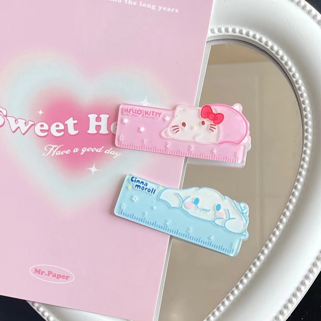 SANRIO ไม้บรรทัดขนาดเล็ก ซานริโอ เครื่องเขียนอะคริลิคนักเรียนการ์ตูนแบบพกพาไม้บรรทัดขนาดเล็กสร้างสรรค์แบบพกพา