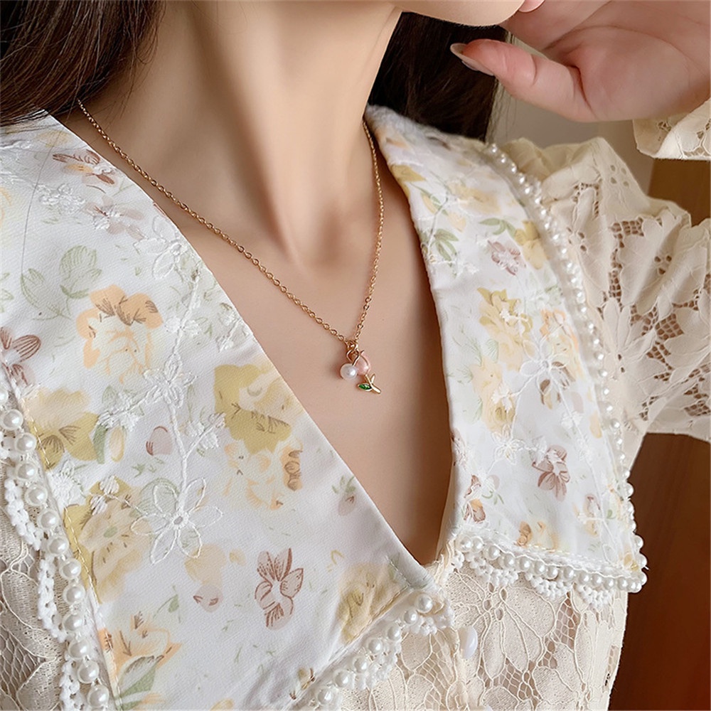 A HELLO GIRL สร้อยคอโซ่ จี้ลูกปัดทิวลิป ประดับไข่มุก หรูหรา แฟชั่นฤดูร้อน สําหรับผู้หญิง - รูปที่ 2