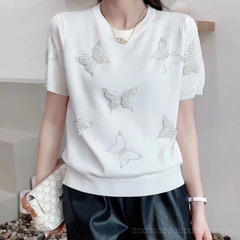 เสื้อยืดแขนสั้นลําลอง แบบบาง พิมพ์ลายผีเสื้อ ประดับลูกปัดเพชร เข้ากับทุกการแต่งกาย แฟชั่นฤดูร้อน สไตล์ยุโรป สําหรับผู้หญิง 2023