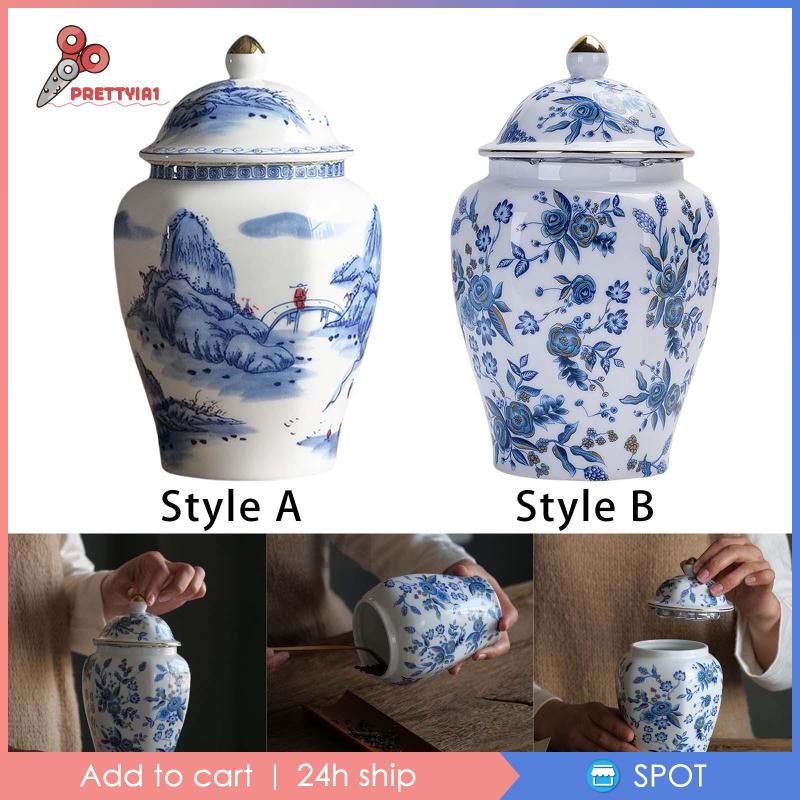 [ Prettyia1 ] โถขิง 850 มล . เครื ่ องลายครามสีขาวสีฟ ้ าพร ้ อมฝาปิด Chinoiserie งานฝีมือสมัยใหม ่