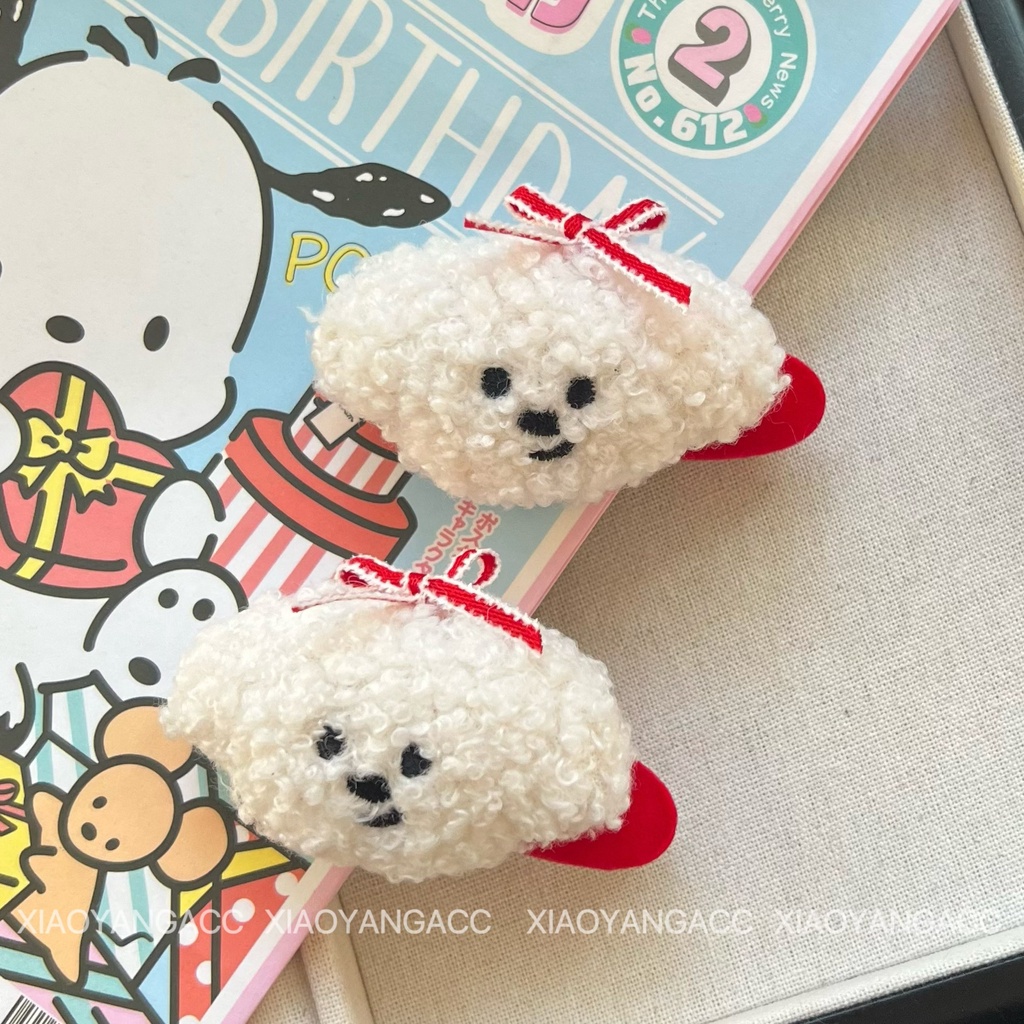 กิ๊บติดผม ผ้ากํามะหยี่ขนนิ่ม ลายการ์ตูนลูกสุนัขน่ารัก สีขาว เครื่องประดับผม สําหรับเด็ก