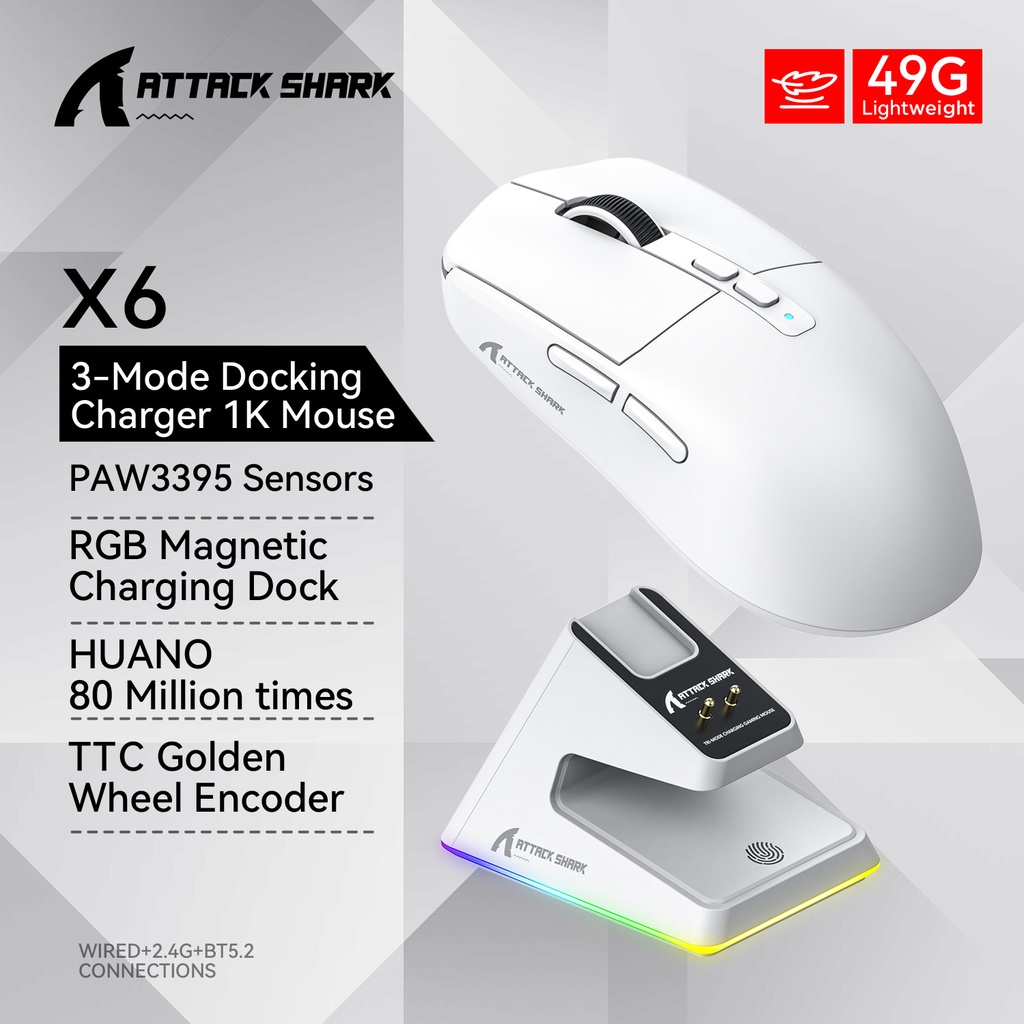 Attack Shark X6 PAW3395 เมาส์ไร้สาย สามโหมด ฐานชาร์จ RGB