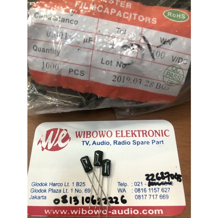 ตัวเก็บประจุ milar 102j 100v 1n 1k 0.001uf 100volt JI27
