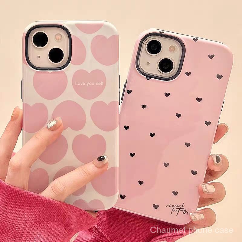 เคสโทรศัพท์มือถือแบบแข็ง สองชั้น ลายหัวใจ สีชมพู สําหรับ Iphone 13promax 14 11Pro xr