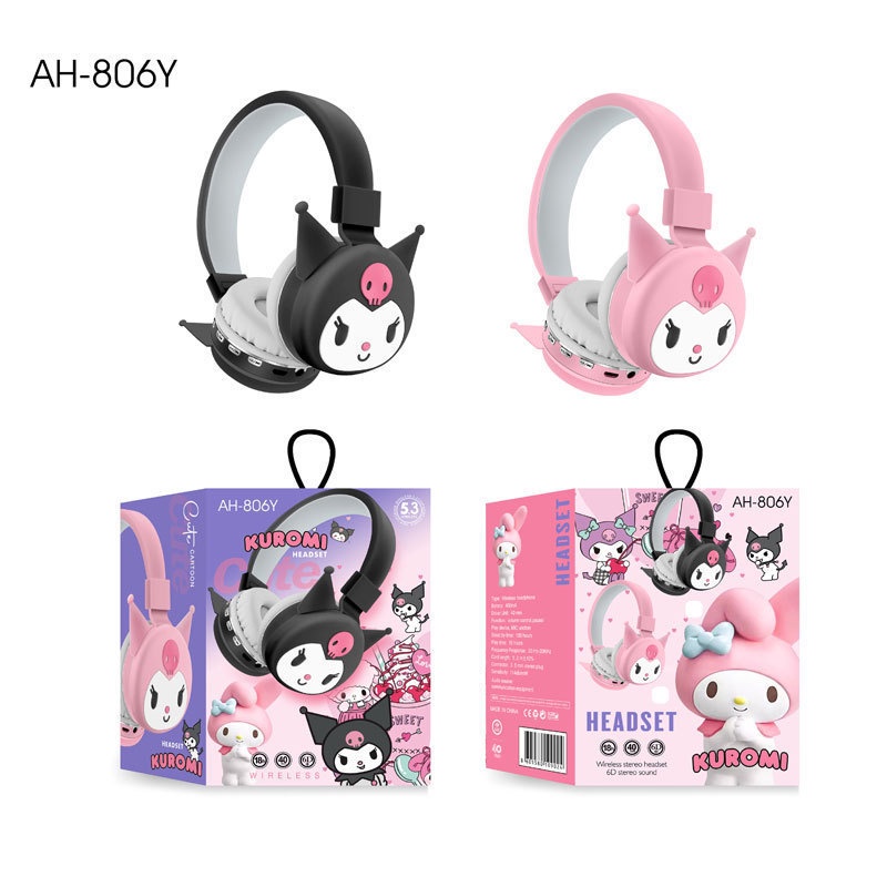 Sanrio AH-806Y Kuromi หูฟังบลูทูธไร้สาย สีชมพู ปรับได้ ของขวัญวันเกิด สําหรับเด็กผู้หญิง นักเรียน