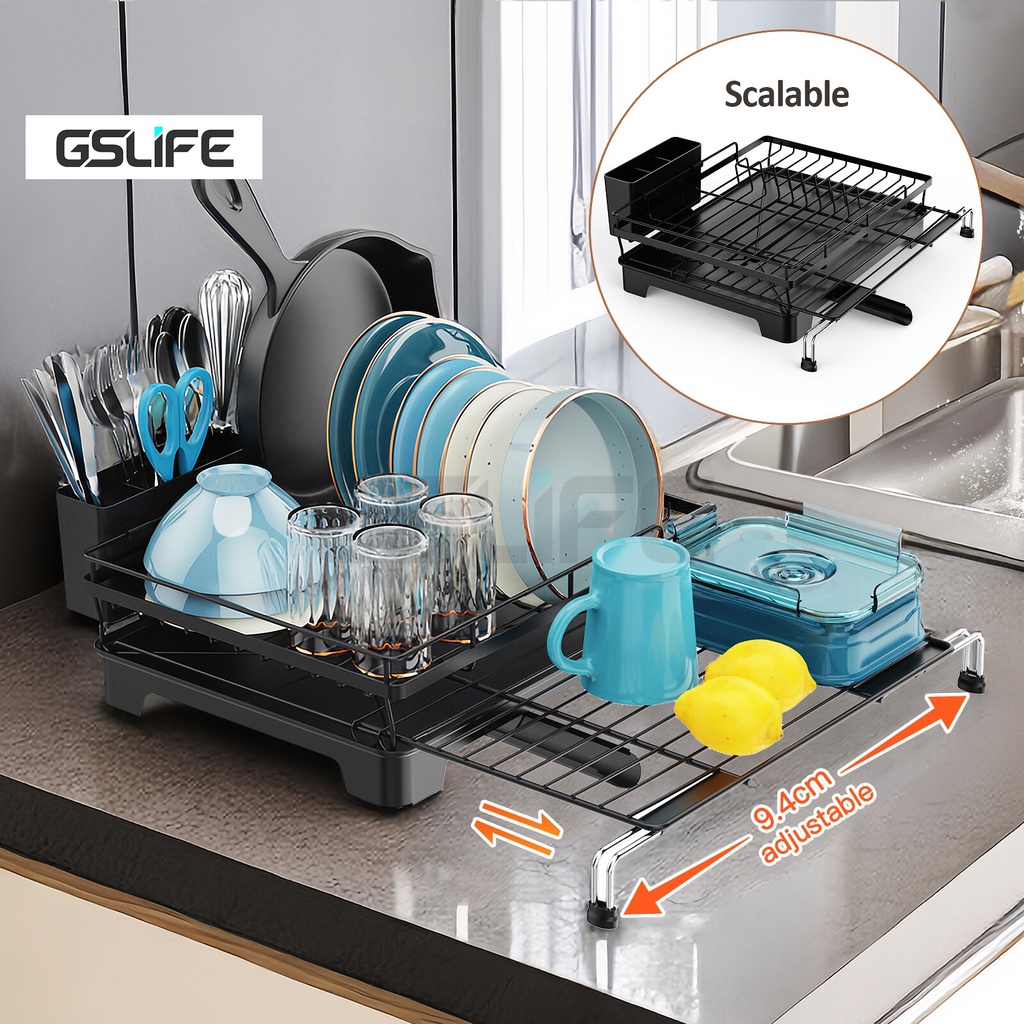 GSlife ชั้นวางจาน 2ชั้น ยืดหดได้ ชั้นวางแก้ว
